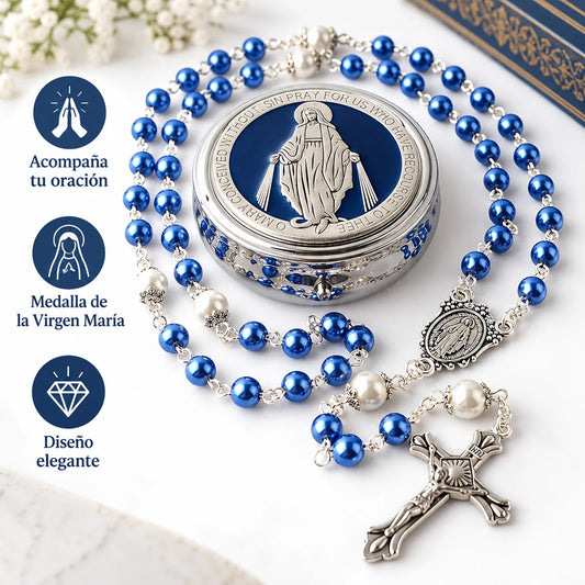 Rosario Con Cruz Azul y medalla de la Virgen María